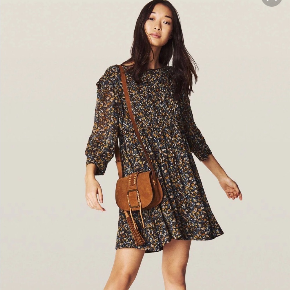 BA&SH Sandra Ruffle-trimmed Printed Georgette Mini Dress In Brown Carbone NWT